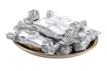 Shimmering Bounty: Gleaming Silver Plate Overflowing With Wrapped Presents.