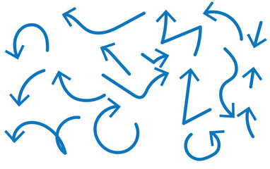 Hand drawn wavy arrows. Set of different pointers. Arrow on isolated white background. Black and white illustration