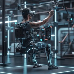 Fototapeta na wymiar A man in a virtual reality motion capture suit with glowing joints sits in a high-tech laboratory, reaching out to interface with a digital environment.