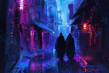 Cyberpunk Alley Neon-soaked Streets and Shadowy Figures, Digital Painting