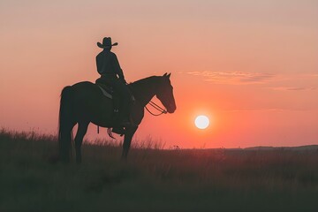 Silhouetted lone rider on horseback against setting sun wearing a hat with a modern twist. Concept Sunset Photoshoot, Cowboy Style, Equestrian Fashion