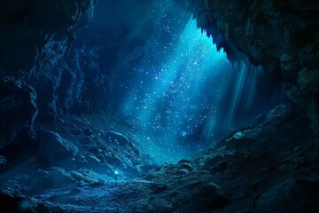 Dazzling Depths Underwater Cave Exploration Illuminated by Bioluminescent Life, 3D Illustration - obrazy, fototapety, plakaty
