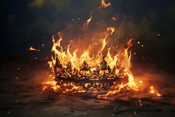 Fotobehang Symbolic destruction crown engulfed in flames signifying the rise and fall of a medieval empire © Aliaksandra