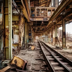Poster Abandoned industrial factory with rusty metallic warehouse buildings and railway. © swillklitch