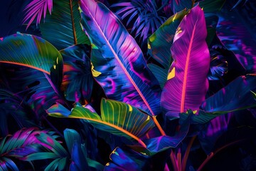 Dazzling Neon Jungle Vibrant Tropical Foliage under Fluorescent Light, Digital Art