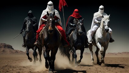 Fototapeta premium Horsemen of the Apocalypse - white for conquest, red for war, black for plague or famine, and pale for death - black background - desert landscape. AI generated