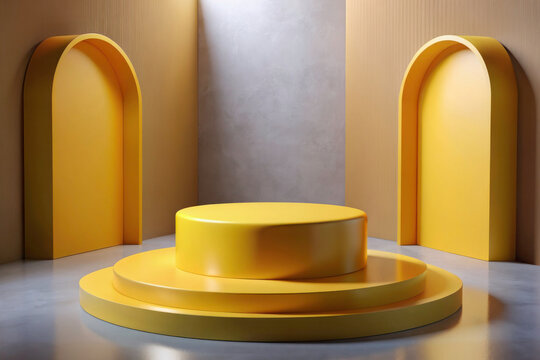 Immersive 3D Room: Realistic Yellow Cylinder Podium for Product Showcase Presentation