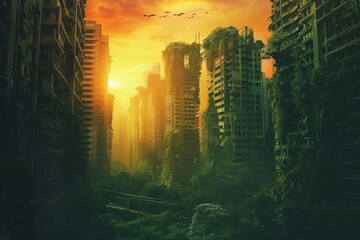 Dystopian Dreams Abandoned City Reclaimed by Nature, Digital Art Post-Apocalyptic Theme