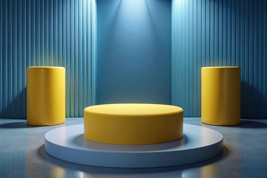 Immersive 3D Room: Realistic Yellow Cylinder Podium for Product Showcase Presentation