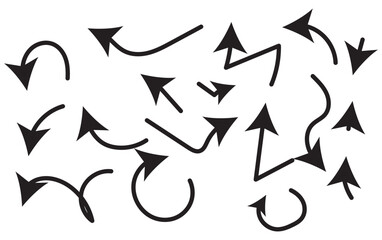 Hand drawn wavy arrows. Set of different pointers. Arrow on isolated white background. Black and white illustration