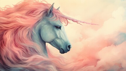 Pastel watercolor background with adorable unicorn in peach and turquoise colors