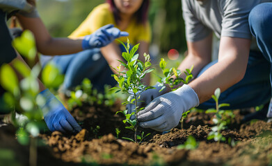 A group of people planting saplings in a garden on a sunny day, focusing on a young woman in the foreground.