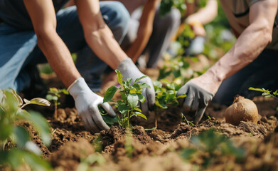 Fototapeta premium A group of people planting saplings in a garden on a sunny day, focusing on a young woman in the foreground.
