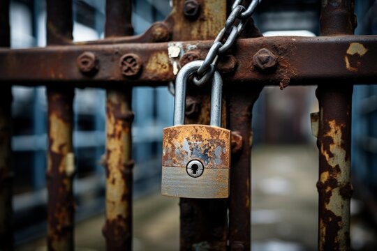 A detailed close-up view of a weathered padlock securing an industrial area