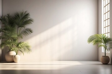 Fototapeta na wymiar modern bright interiors apartment with white walls, plants and sunbeam