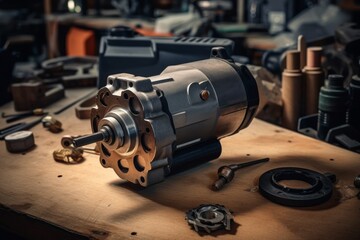 An Essential Engine Component - The Starter Motor - Displayed on a Vintage Workbench in an Old Workshop - obrazy, fototapety, plakaty