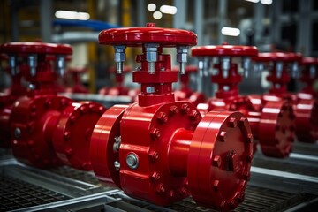 A vividly colored gate valve stands out in a labyrinth of metallic pipes and measuring devices in a manufacturing plant - obrazy, fototapety, plakaty