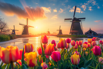 Sunset Over Windmill Village with Blooming Tulips - obrazy, fototapety, plakaty