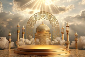 Elegant Islamic podium bathed in golden light, adorned with intricate patterns and surrounded by a serene mosque and clouds, in a captivating 3D illustration for Ramadan