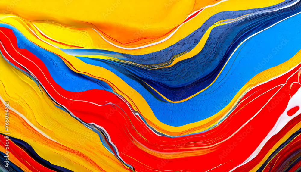 Poster A colorful painting with a blue and yellow line. The painting is abstract and has a lot of gold and red colors& Abstract Colorful acril Background