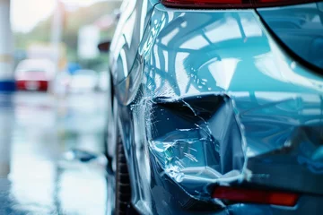  A close-up view of a car's rear bumper with a deep scratch from a rear-end collision. © mila103