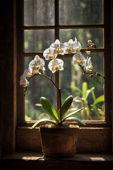 Beautiful white orchid on white background. Generative AI