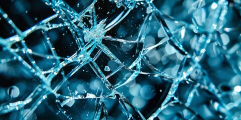 A closeup of shattered glass, with each piece reflecting blue light, creating an abstract and dramatic visual effect Generative AI - obrazy, fototapety, plakaty