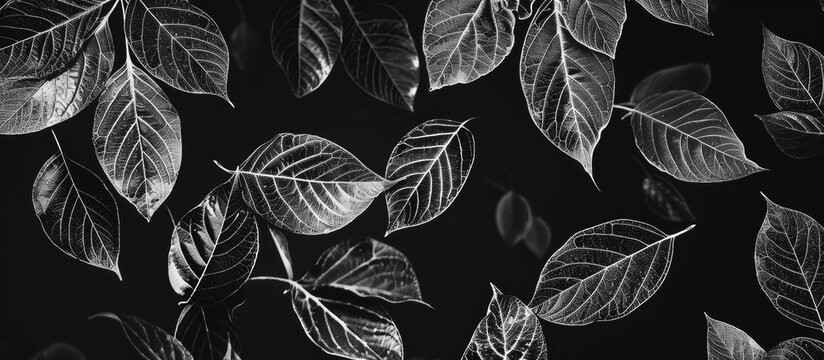A grayscale image of various leaves scattered on a clean white surface, showcasing intricate textures and patterns