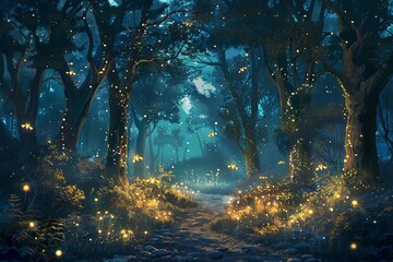 Enchanted Forest Glade Under Moonlight - Dreamlike Digital Painting of Magical Trees and Glowing Fireflies - obrazy, fototapety, plakaty