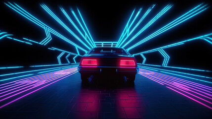 Car ride on the neon road in 80s retro synthwave style.