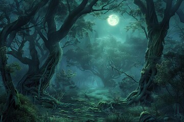 Enchanted Glade Moonlit Clearing in an Ancient Forest with Mystical Creatures, Digital Painting - obrazy, fototapety, plakaty