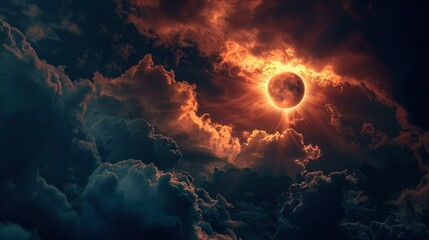 A solar eclipse seen through clouds - obrazy, fototapety, plakaty