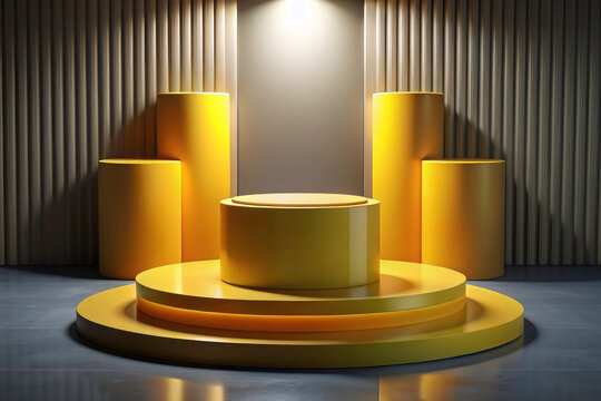 Immersive 3D Room: Realistic Yellow Cylinder Podium for Product Showcase Presentation