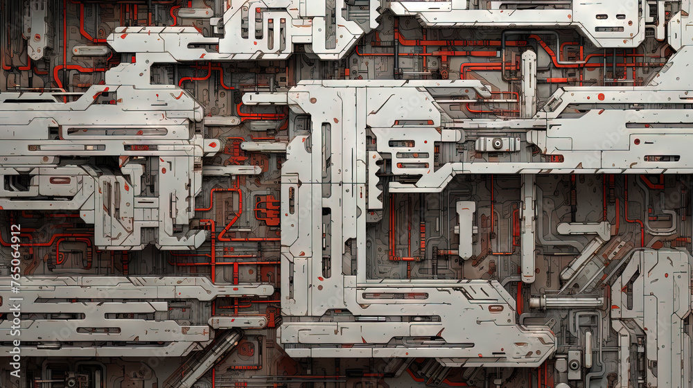 Poster background with metallic panels texture, wires and circuit. spaceship hull wall technology backgroun