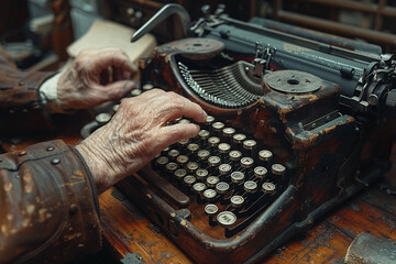 Fingers typing on an old typewriter - obrazy, fototapety, plakaty