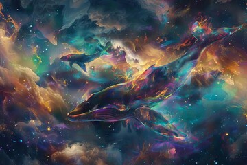 Eternal Dance of the Cosmic Whales - Abstract Digital Painting of Space and Underwater Fantasy
