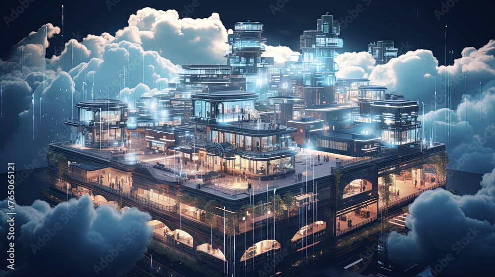 Aufkleber concept of a digital city with cloud connections. futuristic network in the clouds.