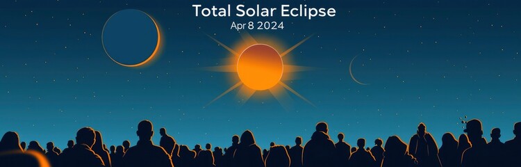 Illustration of a group of people watching the total solar eclipse, with the text Total Solar Eclipse Apr 8, 2024 - obrazy, fototapety, plakaty