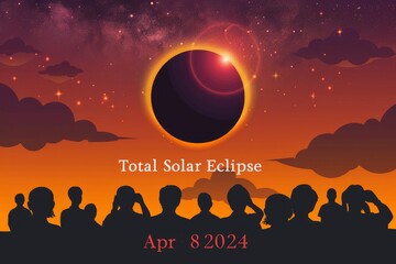 Illustration of a group of people watching the total solar eclipse, with the text Total Solar Eclipse Apr 8, 2024 - obrazy, fototapety, plakaty