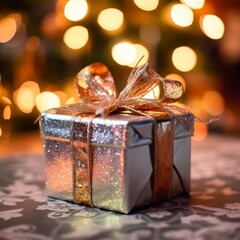Silver Gift Box with Gold Ribbon on Table with Christmas Lights
