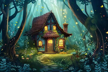 Fairy Tale Cottage Enchanted Forest Home with Magical Garden, Concept Illustration