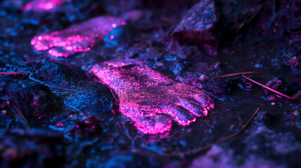 Vivid pink and blue hues illuminate footprints on a forest floor, offering an eerie glow among the dark foliage. - obrazy, fototapety, plakaty