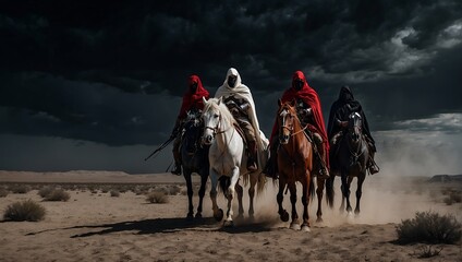 Horsemen of the Apocalypse - white for conquest, red for war, black for plague or famine, and pale for death - black background - desert landscape. AI generated
