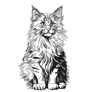 Fluffy cat sitting sketch hand drawn engraved style Vector illustration