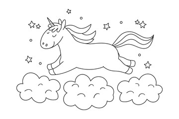 Hand drawn coloring page with a unicorn flying in clouds. Vector illustration © Mariia