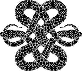 Vector tattoo design of two intertwined black snakes bites their tails in the form of an endless knot symbol. Isolated silhouette of buddhist ouroboros symbol. - 765065731