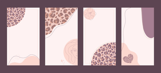 Abstract social media creative templates set. Post and story backgrounds with female face and shaped decorated with leopard print. Editable. Vector illustration © Mariia
