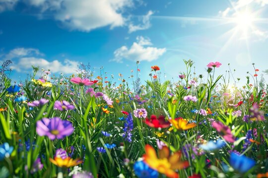 Illustration einer Blumenwiese im Sommer mit Sonnenschein 
