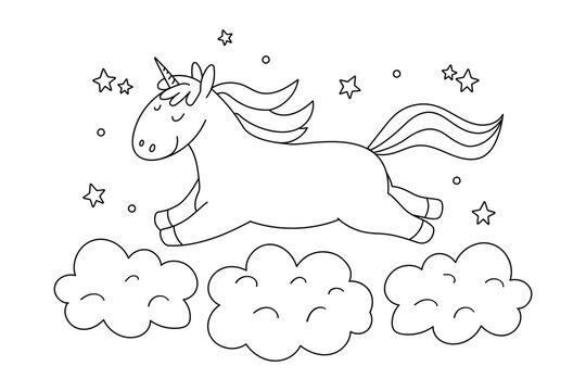Hand drawn coloring page with a unicorn flying in clouds. Vector illustration