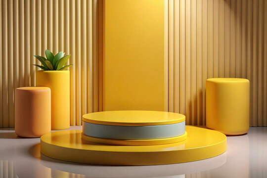 Immersive 3D Room: Realistic Yellow Cylinder Podium for Product Showcase Presentation